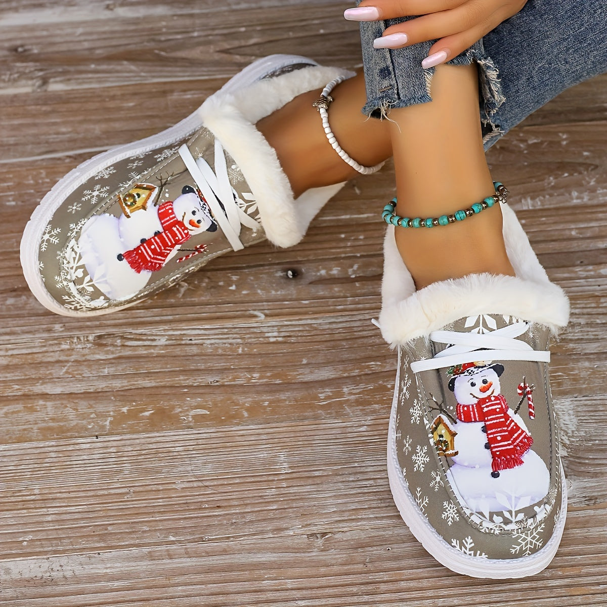 Snowman Pattern Canvas Shoes, Lightweight Plush Lined Sneakers