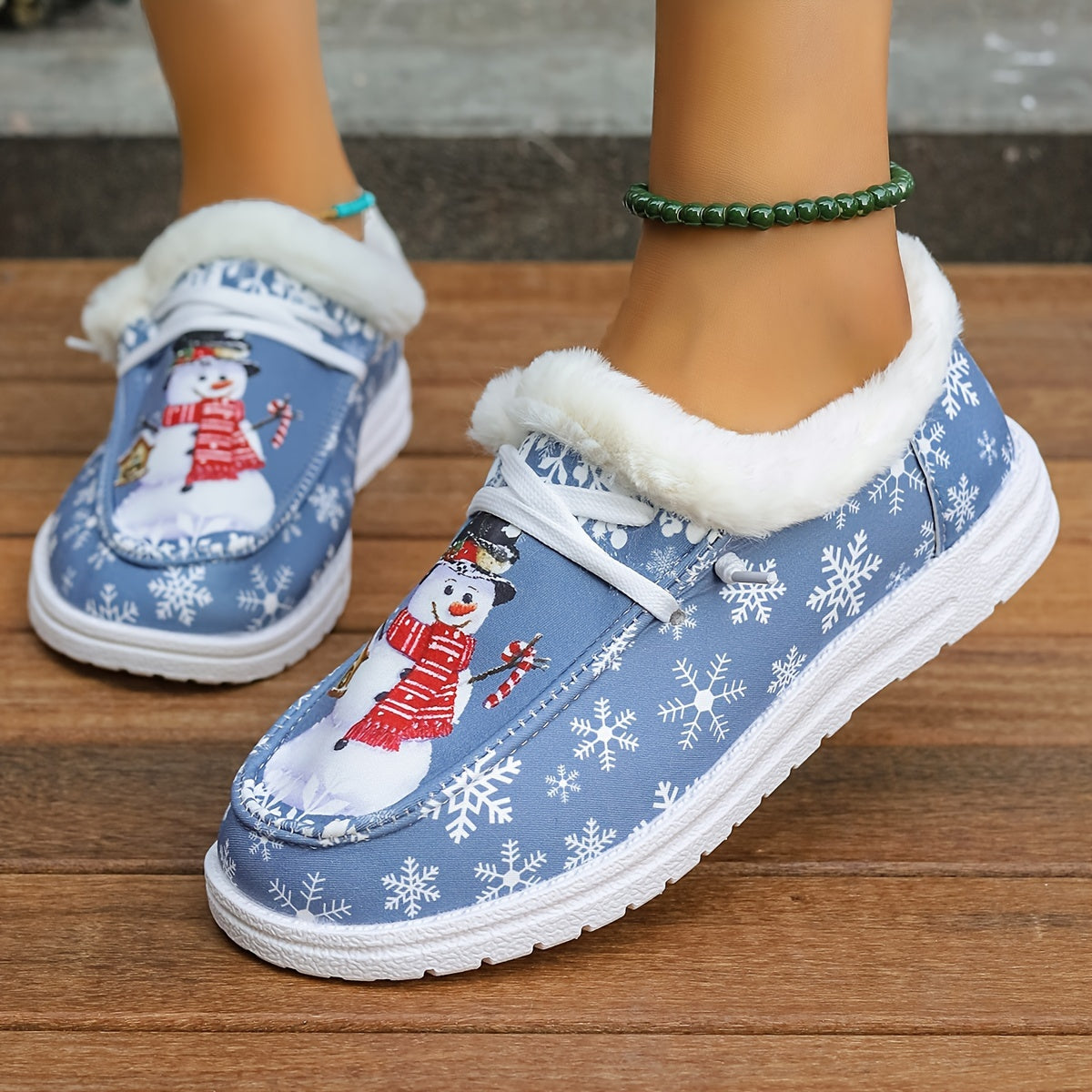 Snowman Pattern Canvas Shoes, Lightweight Plush Lined Sneakers