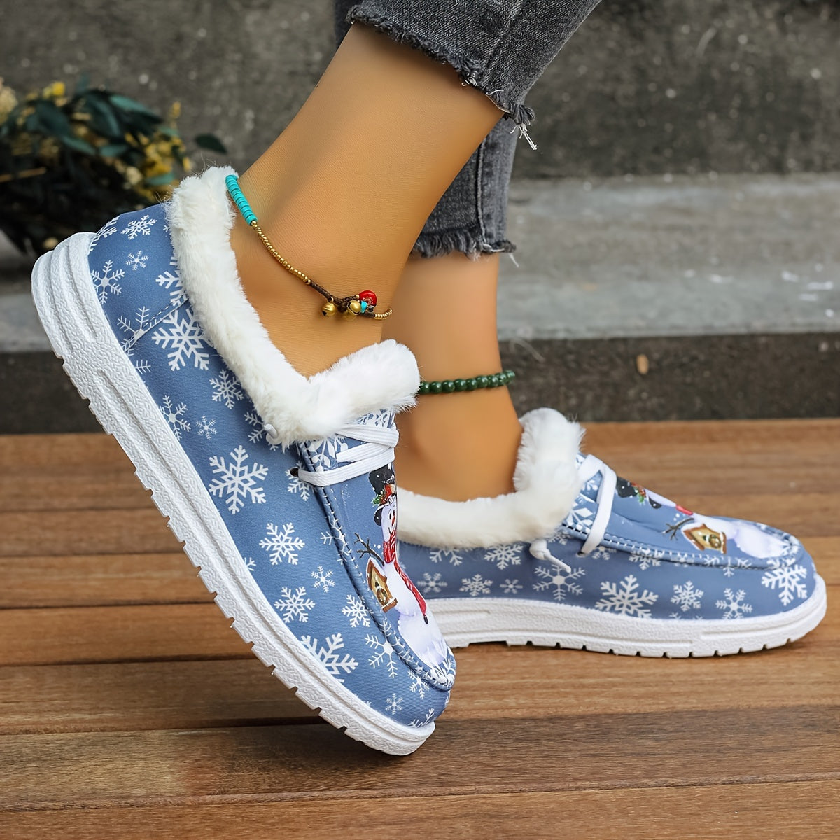 Snowman Pattern Canvas Shoes, Lightweight Plush Lined Sneakers