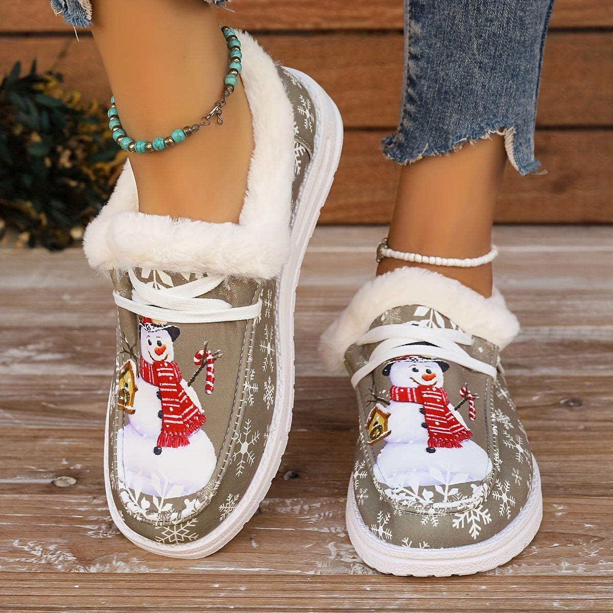 Snowman Pattern Canvas Shoes, Lightweight Plush Lined Sneakers