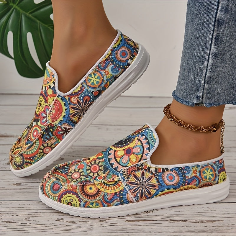 Floral Print Flat Shoes, Fashion Slip On Loafers