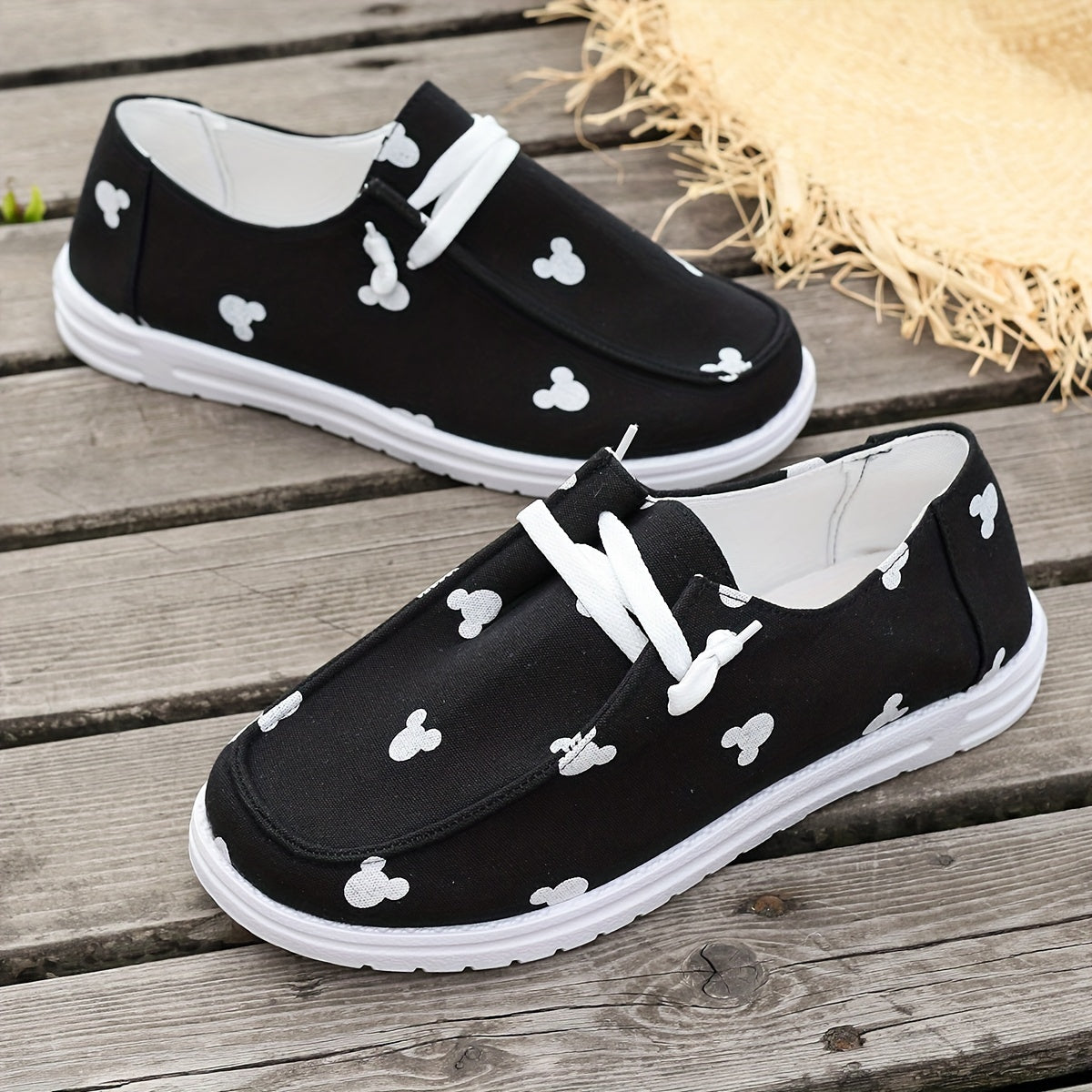 Cartoon Print Canvas Shoes, Lightweight Lace Up Walking Shoes