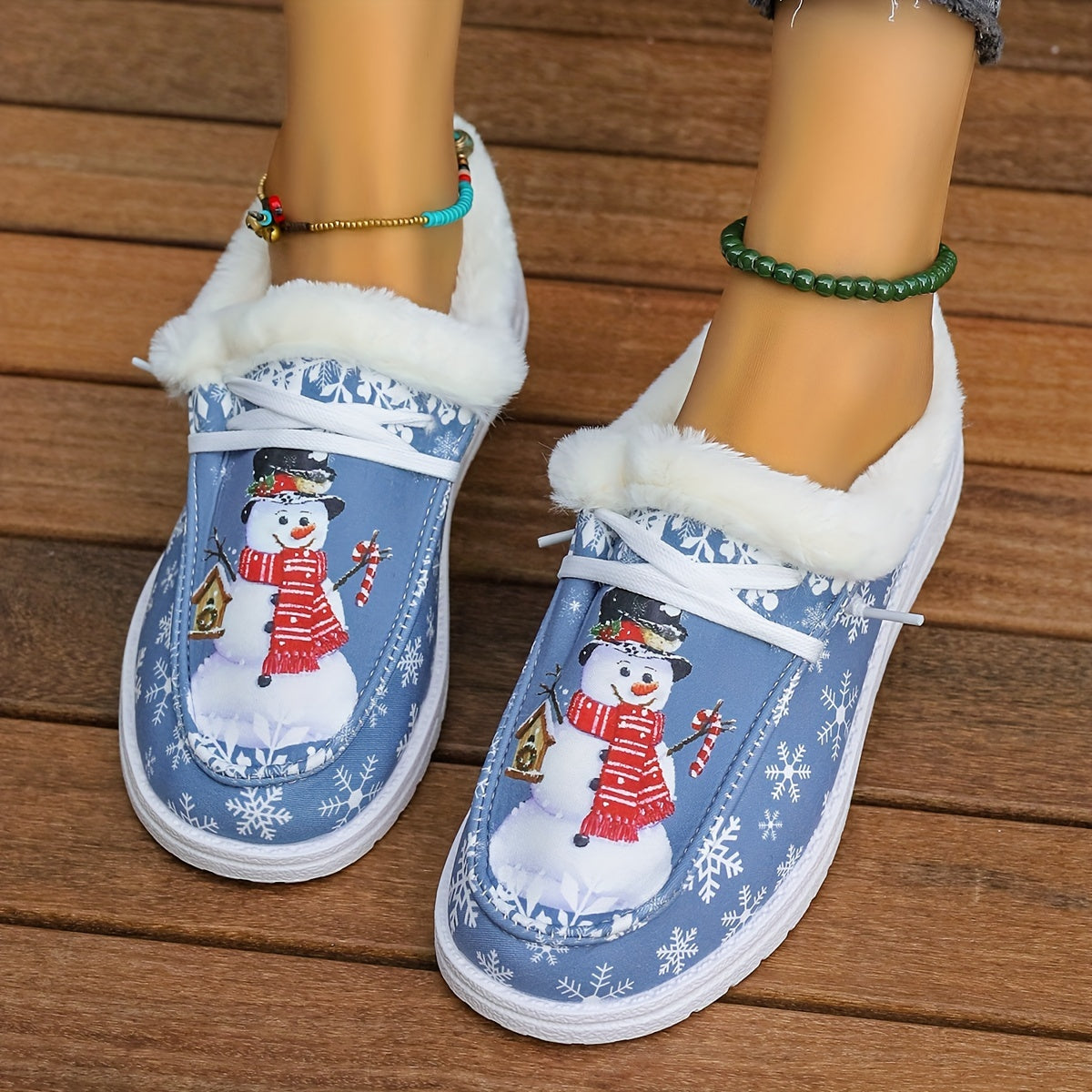 Snowman Pattern Canvas Shoes, Lightweight Plush Lined Sneakers