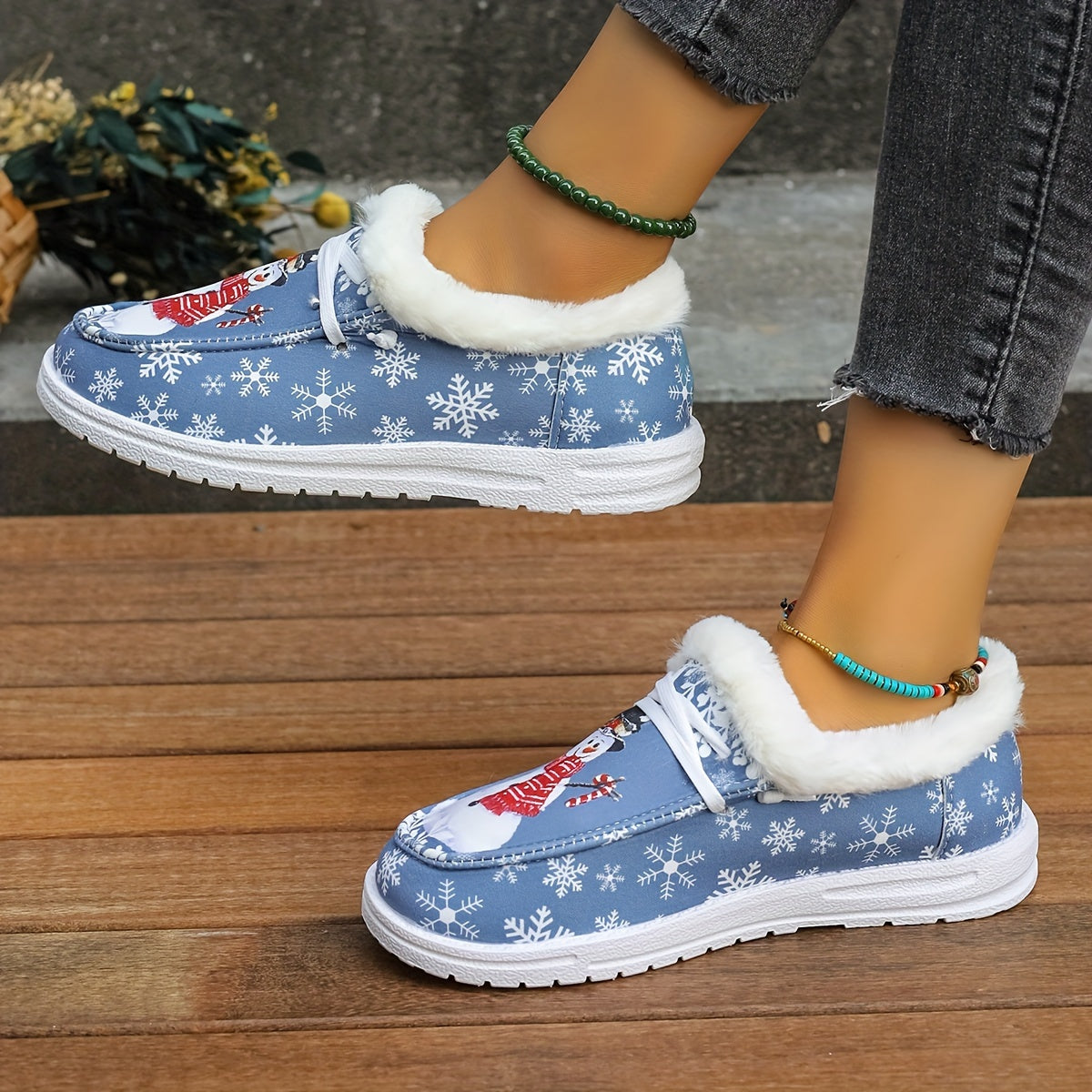 Snowman Pattern Canvas Shoes, Lightweight Plush Lined Sneakers